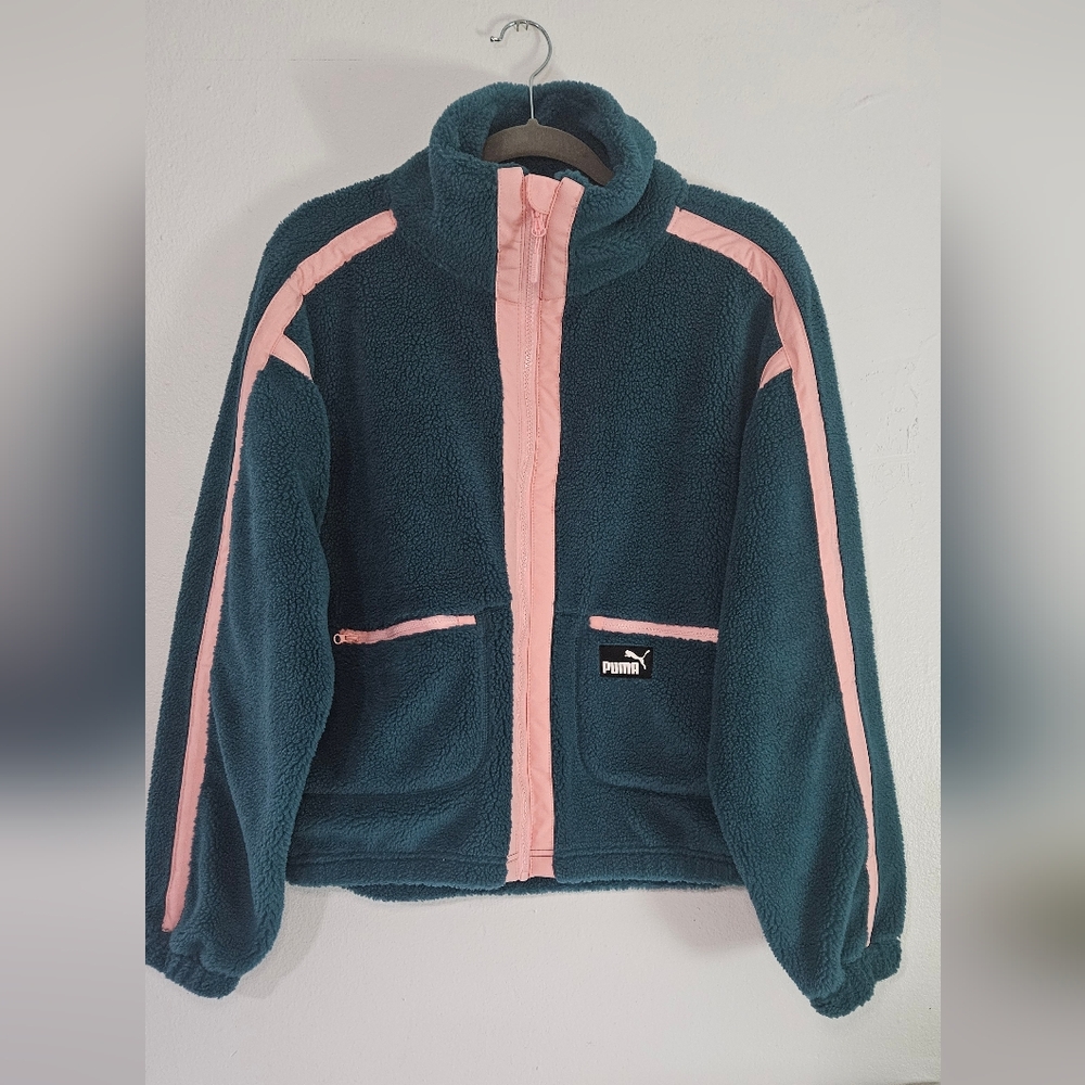 Puma Women's Teddy Jacket in Dark Teal and Light Pink